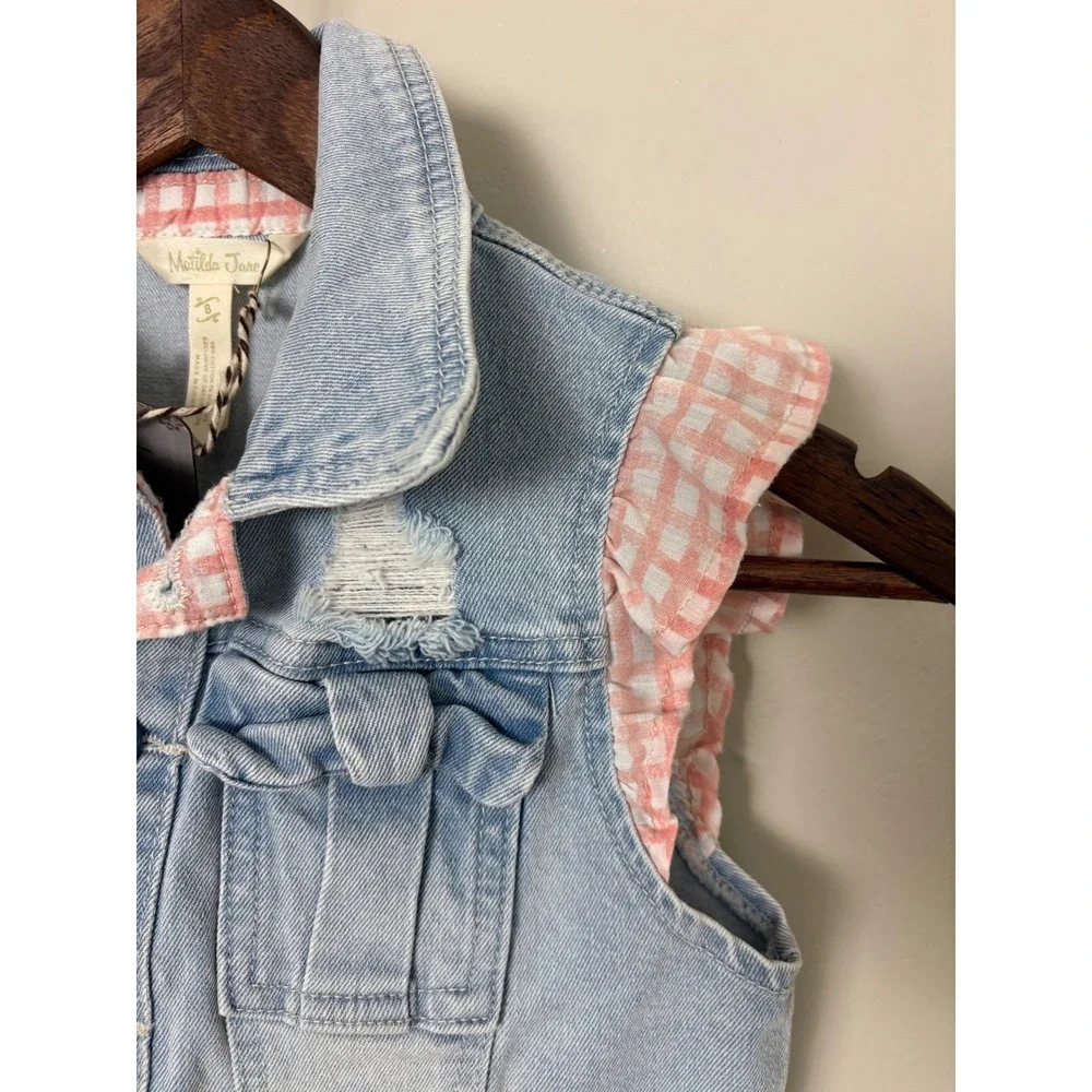 NWT Matilda Jane Denim Vest Girls 8 Light‎ Blue Pink Gingham Girlie Ruffle Bow